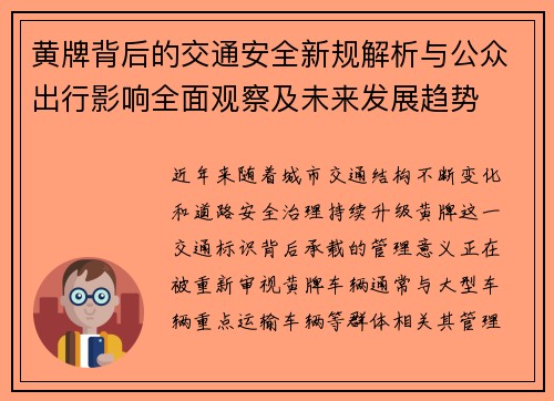 黄牌背后的交通安全新规解析与公众出行影响全面观察及未来发展趋势 黄牌背后的交通安全新规解析与公众出行影响全面观察及未来发展趋势